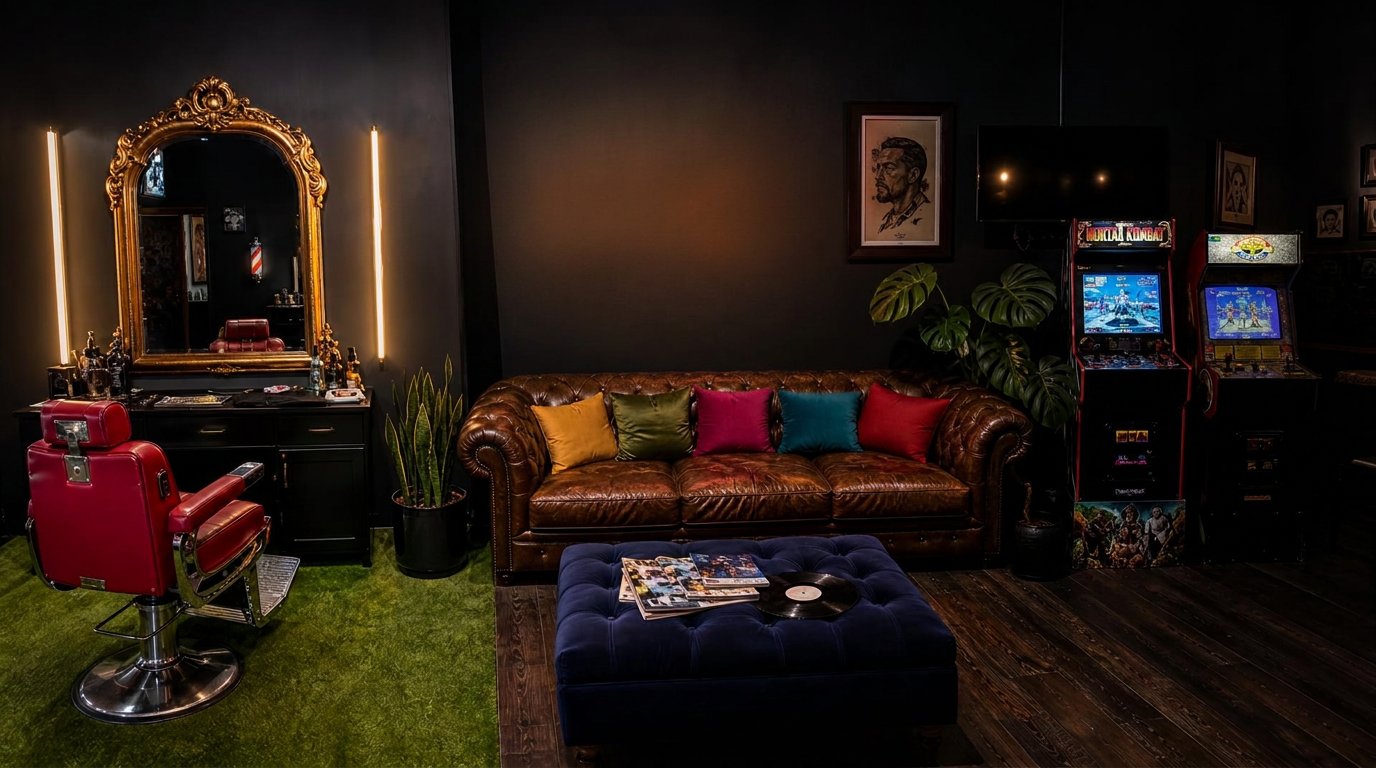 The Hero Lab set — barber station with ornate gold mirror and red chair on turf, brown tufted leather couch with colorful pillows, blue velvet ottoman, arcade cabinets and television